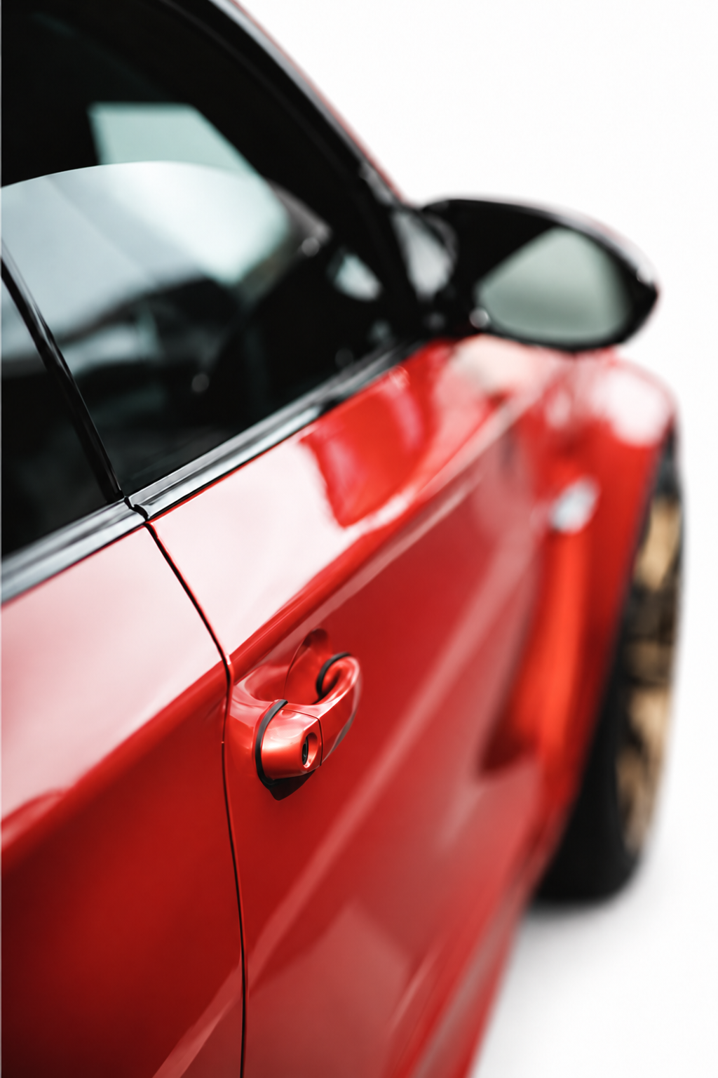 Detalhe lateral de um carro vermelho, com retrovisor e porta visíveis